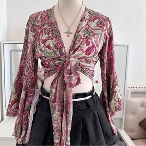 Vintage Pink and Green Paisley Tie-Front Top